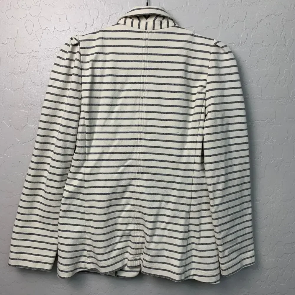 Anthropologie Womens Small S Cream White Blue Blazer Yacht Jacket Puff Sleeve